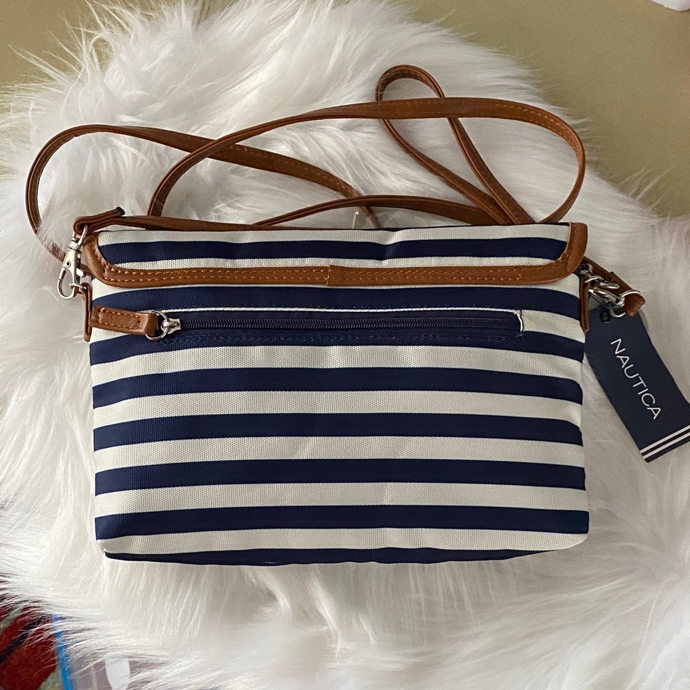 Nautica Striped Crossbody Bag navy blue and white with Tan Accents - Picture 2 of 9